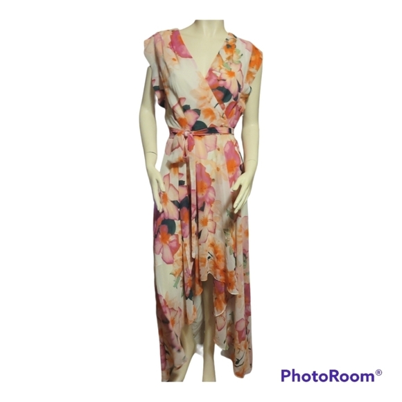 Eliza J* High Low* Chiffon* Maxi Dress* Multi Colored Floral* Sz 4 - Picture 3 of 6